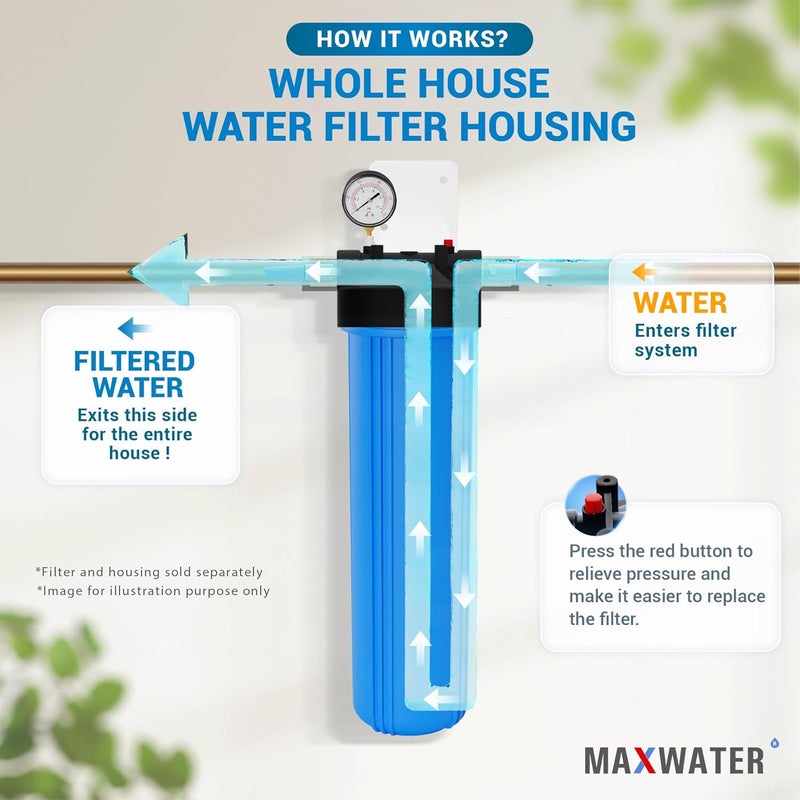 Max Water 20" x 4.5" Whole House Water Filter Housing (WHB20), 20" Sediment Carbon Filter Universal Housing (DB20P), Big Filter Blue Pre-Filtration System for Well Water, 1" NPT Port, Pressure Release - Image 5
