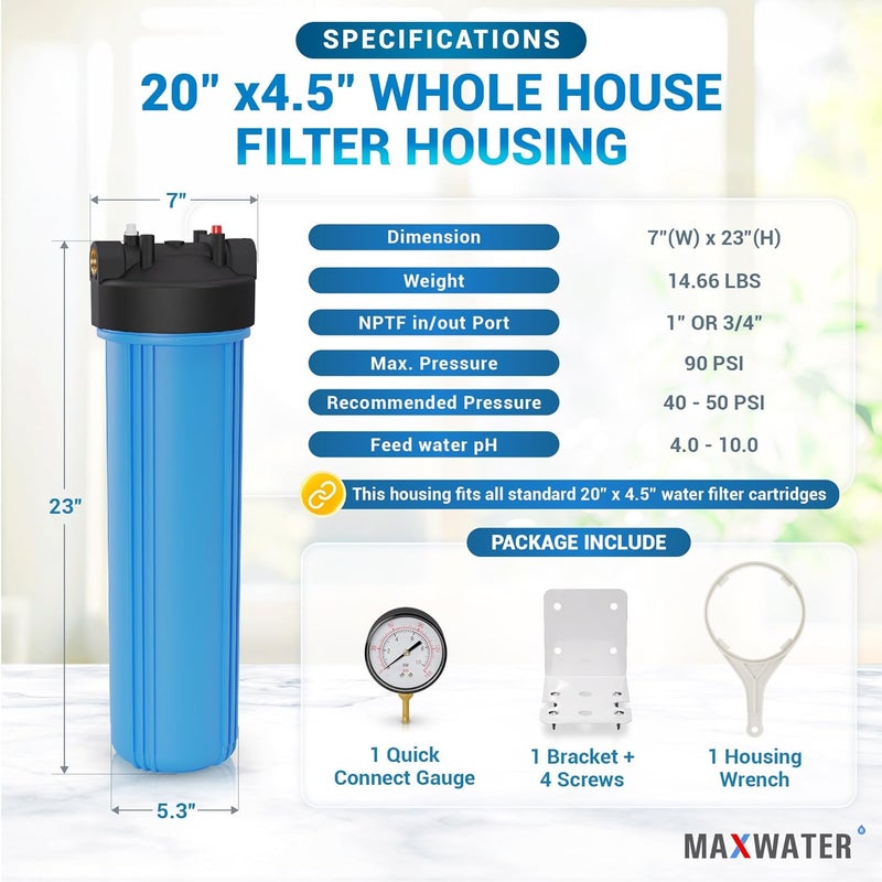 Max Water 20" x 4.5" Whole House Water Filter Housing (WHB20), 20" Sediment Carbon Filter Universal Housing (DB20P), Big Filter Blue Pre-Filtration System for Well Water, 1" NPT Port, Pressure Release - Image 2
