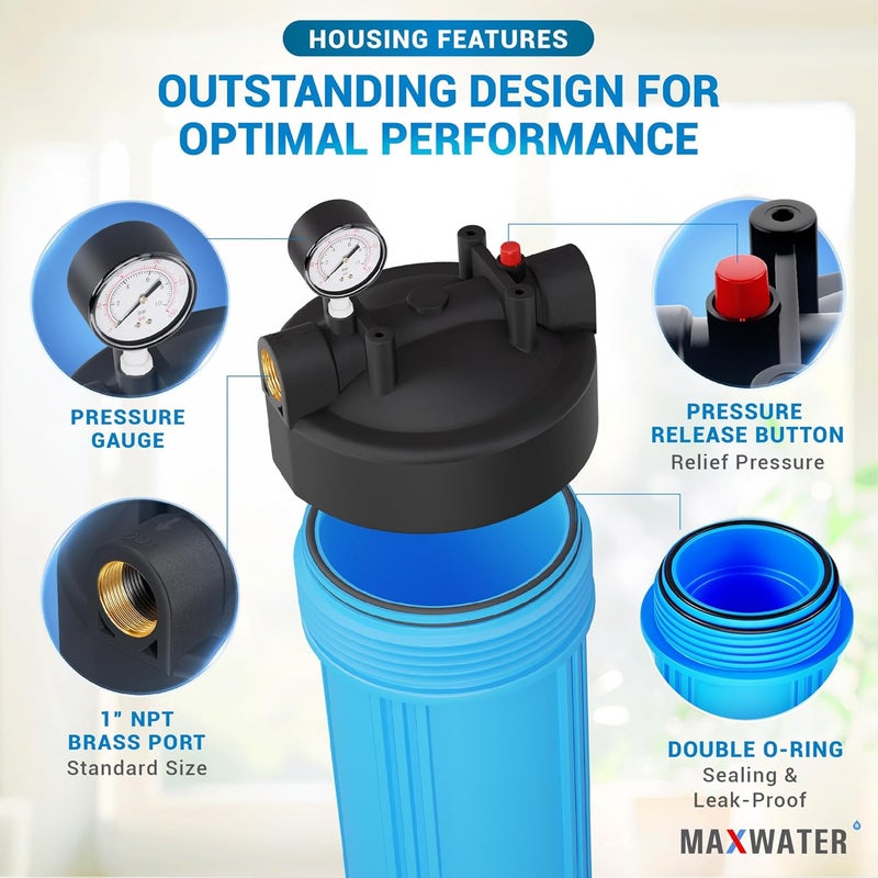 Max Water 20" x 4.5" Whole House Water Filter Housing (WHB20), 20" Sediment Carbon Filter Universal Housing (DB20P), Big Filter Blue Pre-Filtration System for Well Water, 1" NPT Port, Pressure Release - Image 3