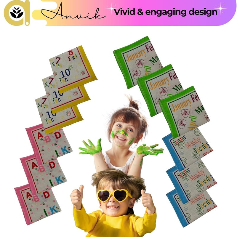 ANVIK Kid's Cotton Educational Handkerchiefs Hanky for Kids Boys Girls for school(Set of 12,Alphabet, Number, Day Month Printed - Image 5