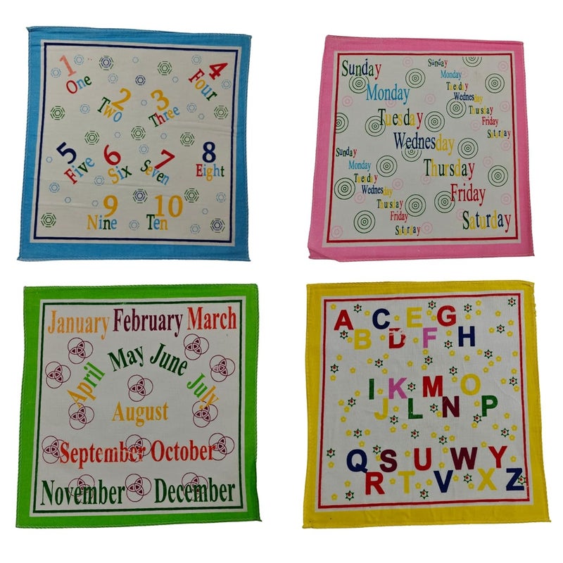 ANVIK Kid's Cotton Educational Handkerchiefs Hanky for Kids Boys Girls for school(Set of 12,Alphabet, Number, Day Month Printed - Image 1