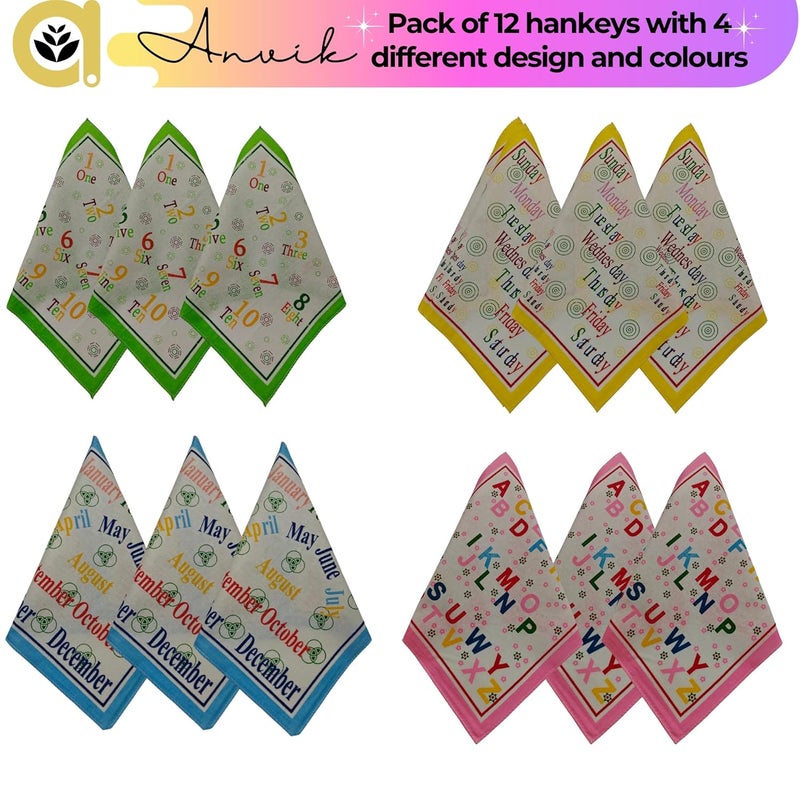 ANVIK Kid's Cotton Educational Handkerchiefs Hanky for Kids Boys Girls for school(Set of 12,Alphabet, Number, Day Month Printed - Image 2