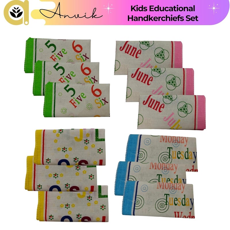 ANVIK Kid's Cotton Educational Handkerchiefs Hanky for Kids Boys Girls for school(Set of 12,Alphabet, Number, Day Month Printed - Image 3