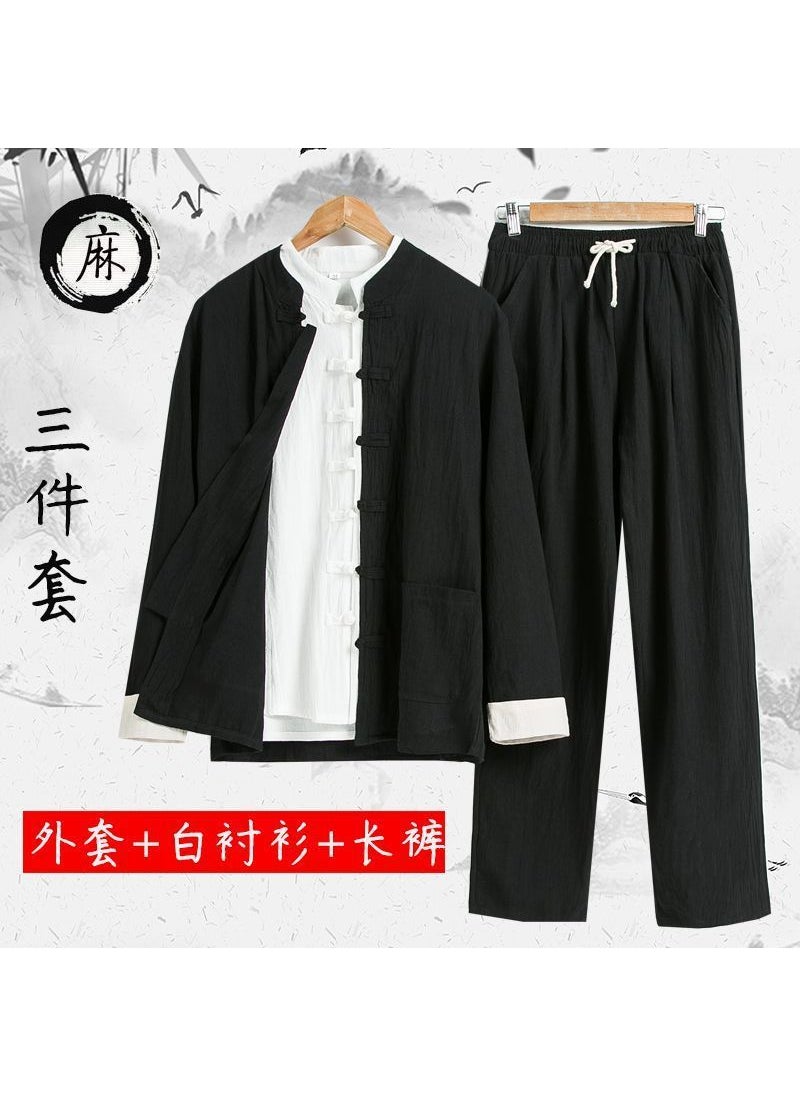 Generic Tang Suit Mens Cotton and Linen Ancient Suit suit Tea Suit Ancient Style Meditation Suit Chinese Style Zhongshan Suit Spring Summer Autumn Ethnic Suit Hanfu Black three-piece jacket bottoming trousers 