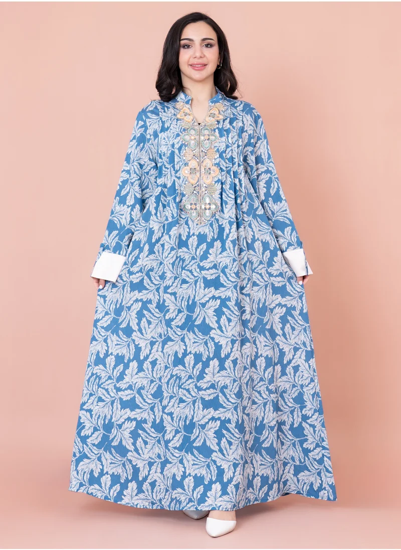 IKKXA Embroidered Leaf Print Jalabiya IN1031 Blue