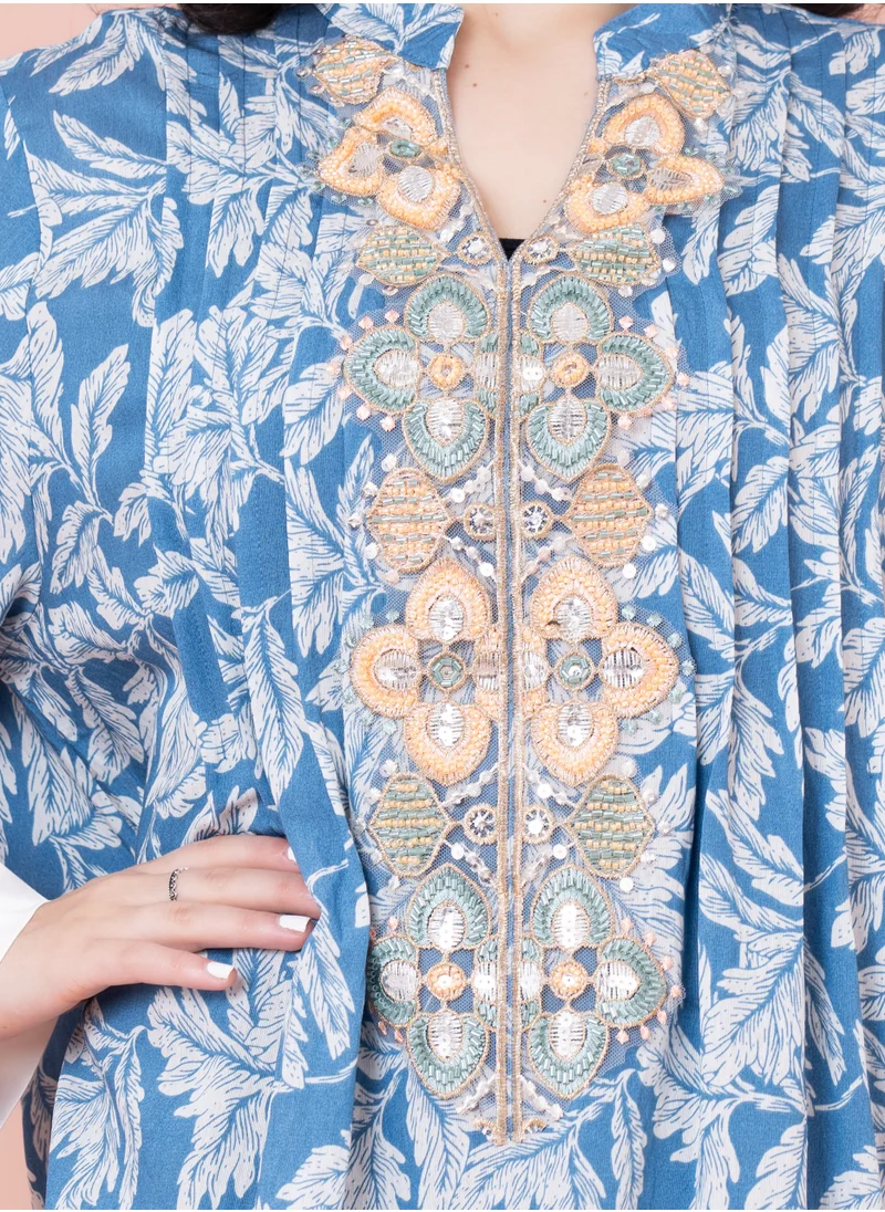 IKKXA Embroidered Leaf Print Jalabiya IN1031 Blue