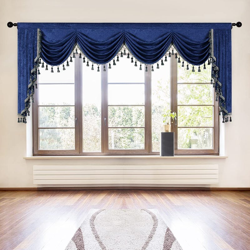 ELKCA Thick Royal Blue Chenille Window Curtains Valance for Living Room Waterfall Valance for Bedroom W118inch 1 Panel