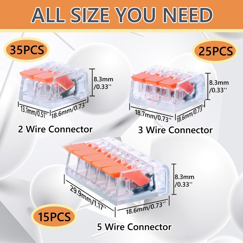 Excefore Lever Wire Connectors, 75 Pcs Wire Connector Assortment Pack Compact Splicing Connector Kit for Electrical Wires Solid Stranded Flexible Wires, 2 Port, 3 Port, 5 Port - Image 5