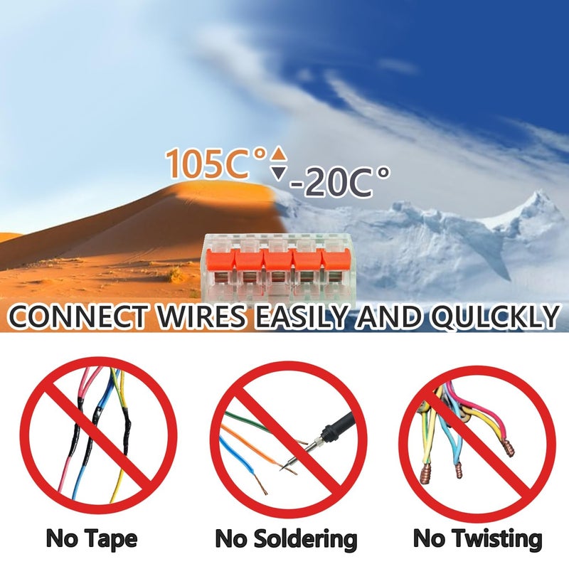 Excefore Lever Wire Connectors, 75 Pcs Wire Connector Assortment Pack Compact Splicing Connector Kit for Electrical Wires Solid Stranded Flexible Wires, 2 Port, 3 Port, 5 Port - Image 4