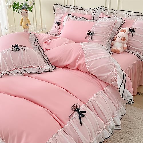 IHOUSTRIY Pink Duvet Cover Queen Size, Ruffle Beddding Set with Bowtie, 3 Pieces Comforter Cover Set with Zipper Closure, Girl Bedding with Pillowcase - Light Pink, Queen - Image 1