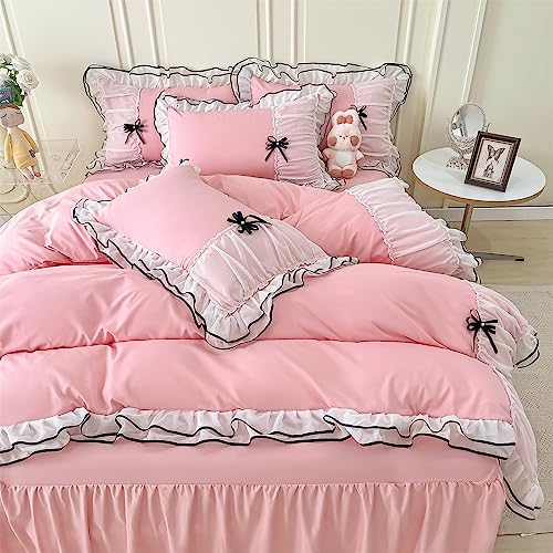 IHOUSTRIY Pink Duvet Cover Queen Size, Ruffle Beddding Set with Bowtie, 3 Pieces Comforter Cover Set with Zipper Closure, Girl Bedding with Pillowcase - Light Pink, Queen - Image 2