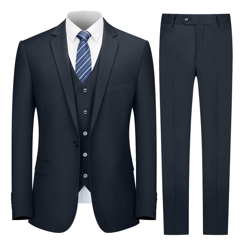 Cooper Nelson Mens Suit Slim Fit 3 Piece Suits for Men One Button Solid Jacket Vest Pants with Tie Tuxedo Set Dark Navy 2XL