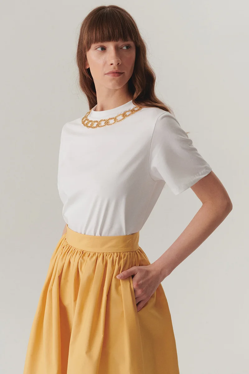 Exquise Gold Embellished White Crew Neck Regular Cotton Knit T-Shirt