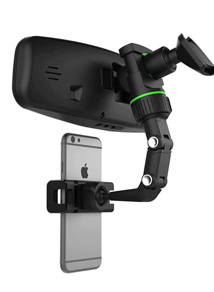 حامل هاتف للسيارة مزود بمرآة رؤية خلفية قابلة للتعديل بزاوية 360 درجة، ذراع طويل الرقبة، أسود/أخضر - Image 1