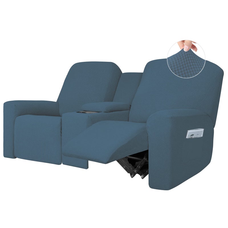 Easy-Going EasyGoing 1 Piece Stretch Reclining Loveseat with Middle Console Slipcover 2 Seater Loveseat Recliner Cover with Cup Holder and Storage Recliner Couch Sofa Cover Furniture Protector Bluestone