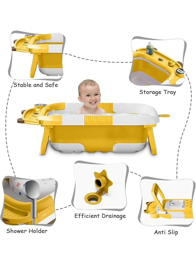 Taimi Foldable Baby Bathtub With Digital Thermometer Portable Infant Tub With Non Slip Support Legs And Soft Cushion Suitable For Newborns To Toddlers Up To 3 Years Yellow - Image 4