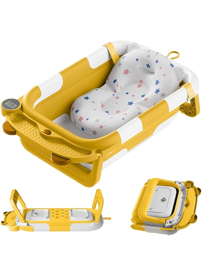 Taimi Foldable Baby Bathtub With Digital Thermometer Portable Infant Tub With Non Slip Support Legs And Soft Cushion Suitable For Newborns To Toddlers Up To 3 Years Yellow - Image 2