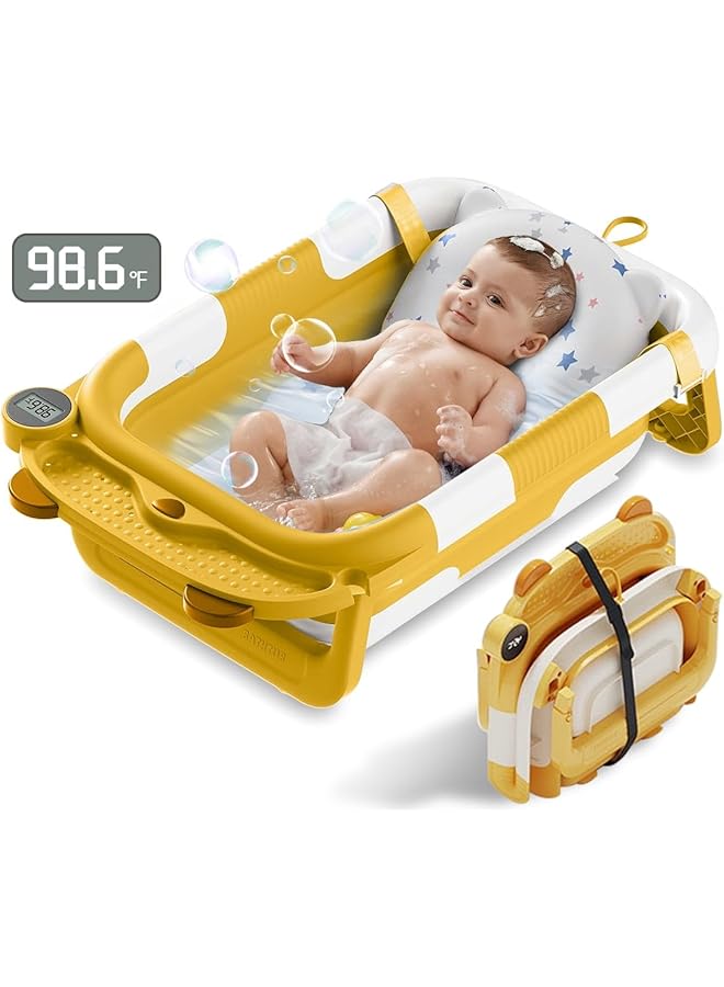 Taimi Foldable Baby Bathtub With Digital Thermometer Portable Infant Tub With Non Slip Support Legs And Soft Cushion Suitable For Newborns To Toddlers Up To 3 Years Yellow - Image 5
