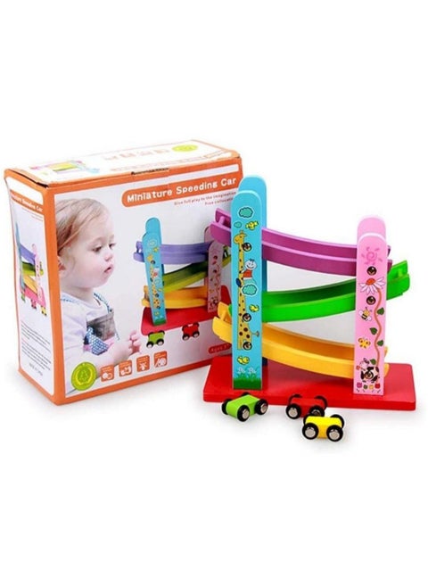 "Montessori car track with fast cars in attractive colors, sliding at exciting speeds. Develops your child's auditory and cognitive skills, made from high-quality wood. Suitable for children aged one and up!"