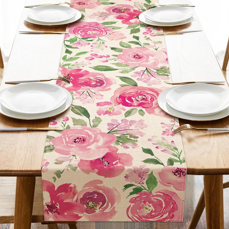 Seliem Spring Summer Watercolor Flower Table Runner Pink Peony Floral Kitchen Dining Table Decor Seasonal Burlap Home Decoration Indoor Outdoor Party Supply 13 x 36 Inches