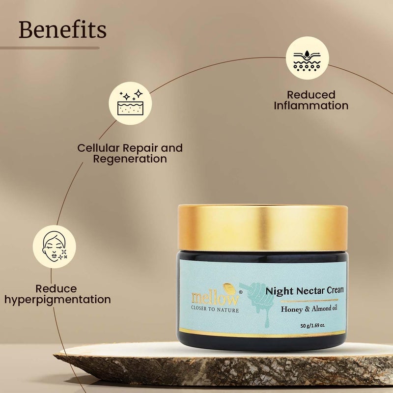 Mellow Herbal Night Nectar Cream  Ayurvedic Night Cream for Brightening Hydration  Skin Repair  Enriched with Almond Honey  Aloe Vera  Sulphate  ParabenFree  All Skin Types  50g - Image 3