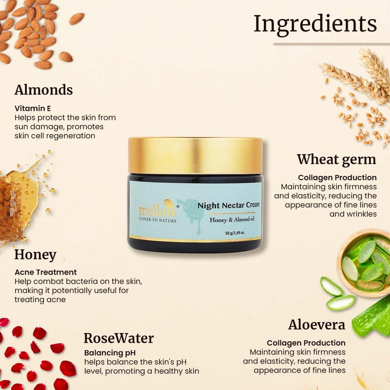 Mellow Herbal Night Nectar Cream  Ayurvedic Night Cream for Brightening Hydration  Skin Repair  Enriched with Almond Honey  Aloe Vera  Sulphate  ParabenFree  All Skin Types  50g - Image 2