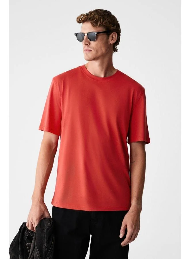 Grimelange MOCASSIN Men's 100% Cotton Printed Relaxed Fit Round Neck Short Sleeve Red T-Shirt.