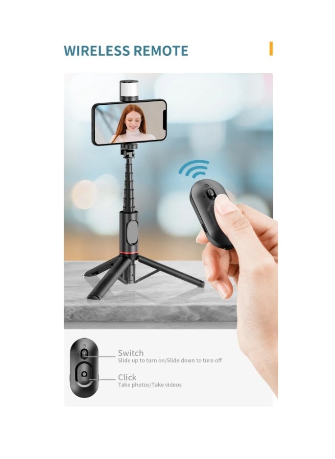 ARNOTEC - 30.12inches(76.5cm) Selfie Stick Tripod Bluetooth Remote Control Selfie Stick Black Aluminum Alloy Foldable Selfie Stick 360° Rotatable Fill Light Maximum Extension 765MM - Image 1