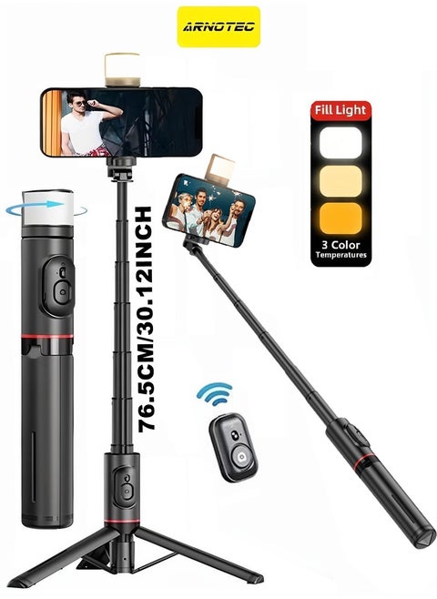 30.12inches(76.5cm) Selfie Stick Tripod Bluetooth Remote Control Selfie Stick Black Aluminum Alloy Foldable Selfie Stick 360° Rotatable Fill Light Maximum Extension 765MM
