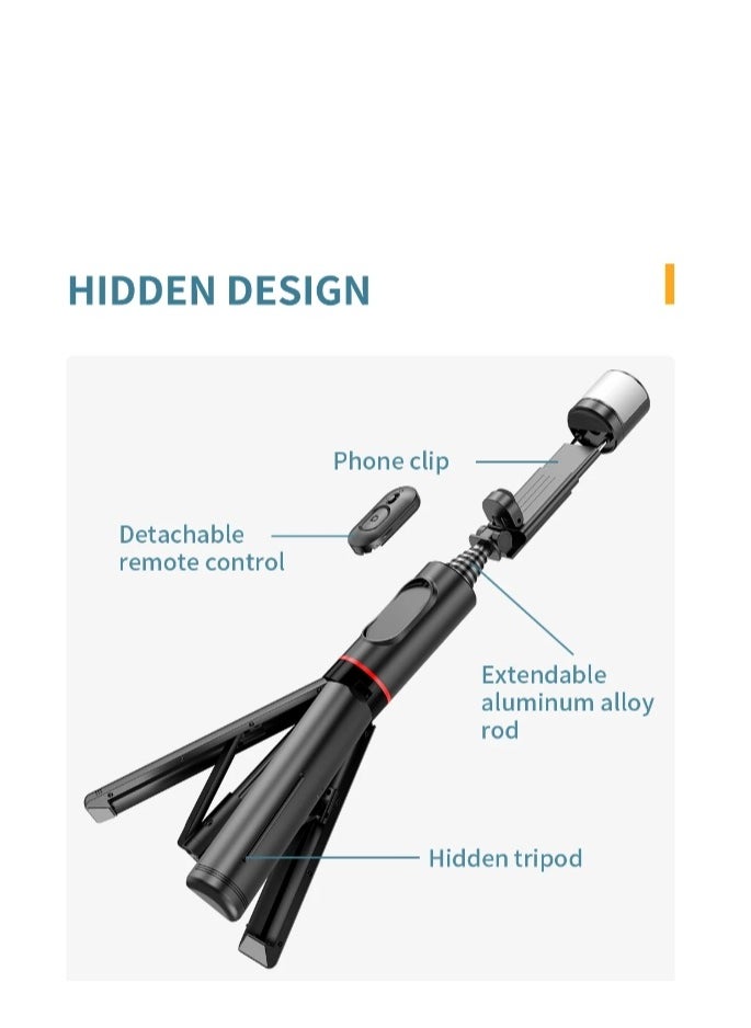 ARNOTEC - 30.12inches(76.5cm) Selfie Stick Tripod Bluetooth Remote Control Selfie Stick Black Aluminum Alloy Foldable Selfie Stick 360° Rotatable Fill Light Maximum Extension 765MM - Image 1