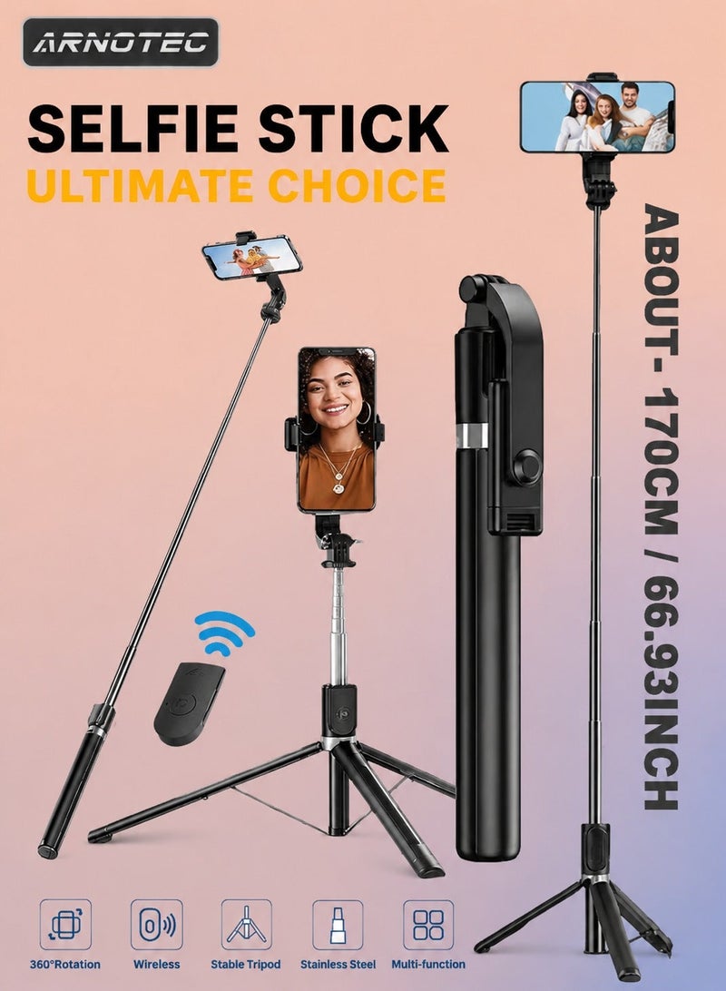 ARNOTEC 66.93 inches(170cm) Selfie Stick Tripod with Wireless Remote, 360° Rotation, Extendable Phone Tripod Stand, Compatible with iPhone, Android & GoPro - Image 2