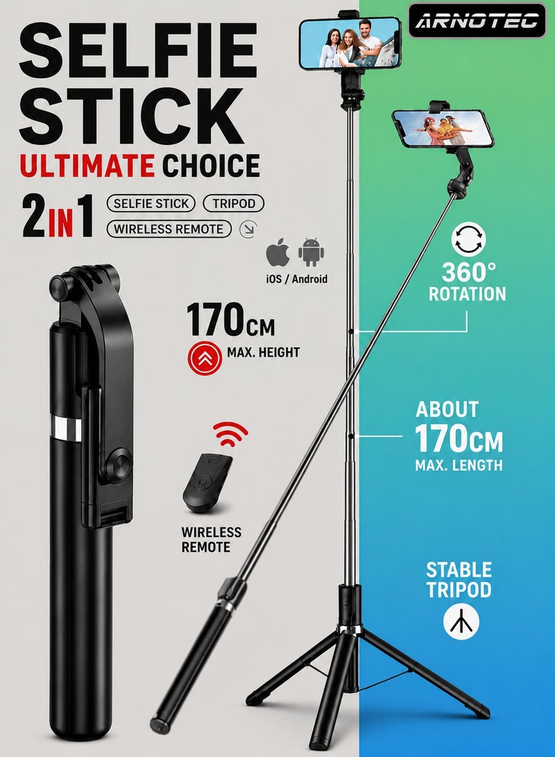 ARNOTEC 66.93 inches(170cm) Selfie Stick Tripod with Wireless Remote, 360° Rotation, Extendable Phone Tripod Stand, Compatible with iPhone, Android & GoPro - Image 1