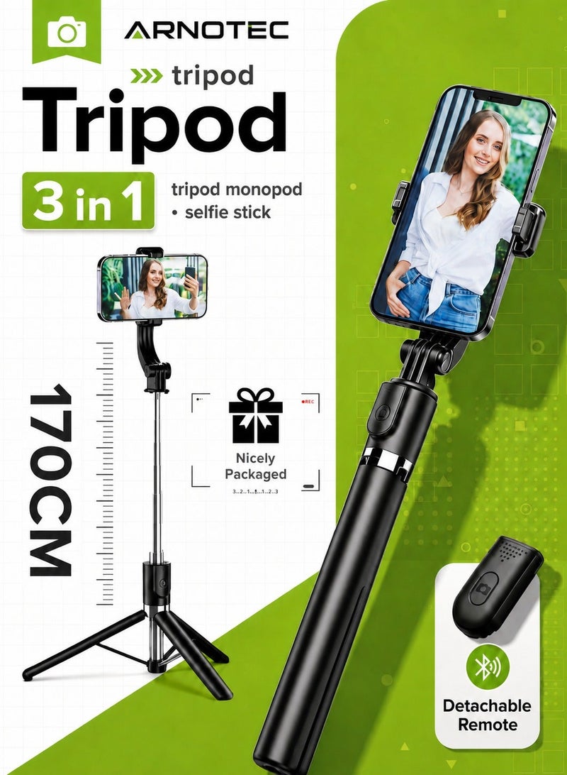 ARNOTEC 66.93 inches(170cm) Selfie Stick Tripod with Wireless Remote, 360° Rotation, Extendable Phone Tripod Stand, Compatible with iPhone, Android & GoPro - Image 1