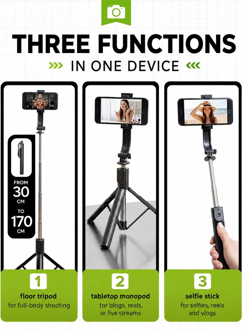ARNOTEC 66.93 inches(170cm) Selfie Stick Tripod with Wireless Remote, 360° Rotation, Extendable Phone Tripod Stand, Compatible with iPhone, Android & GoPro - Image 3