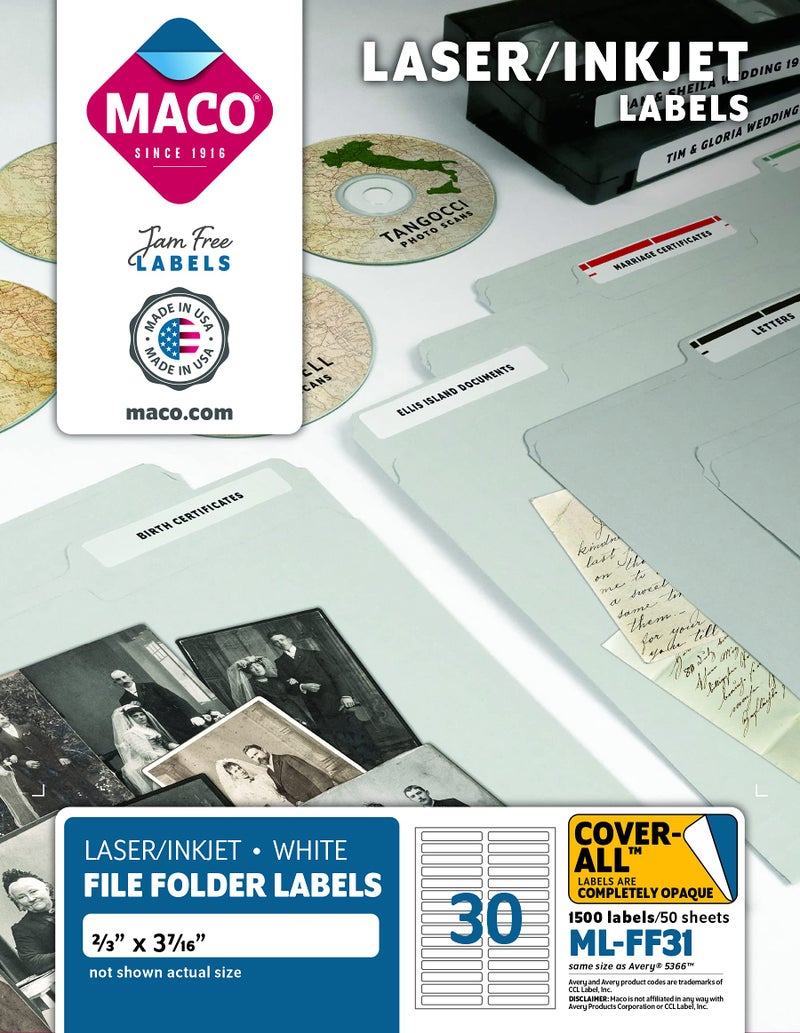 MACO LaserInk Jet White File Folder Labels 23 x 3716 30 per Sheet 1500 per Box MLFF31