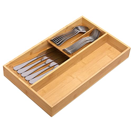 guiogc Bamboo silverware tray organizer, Utensil Holder and Cutlery Tray for Drawer, Kitchen Drawer Organizer Divider for Spoons Forks Knives - Image 4