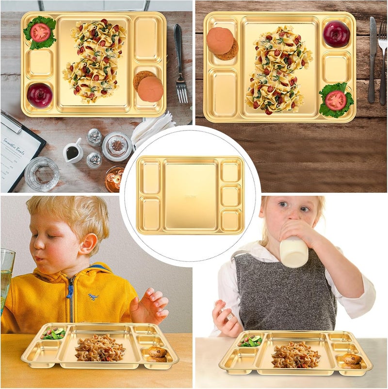 Cabilock طبق مقسم من الفولاذ المقاوم للصدأ من كابيلوك 6 أقسام صينية تقديم الطعام صينية مستطيلة منزلية للخضار والفواكه للإفطار والعشاء والوجبات الخفيفة والحلويات ذهبية - Image 2