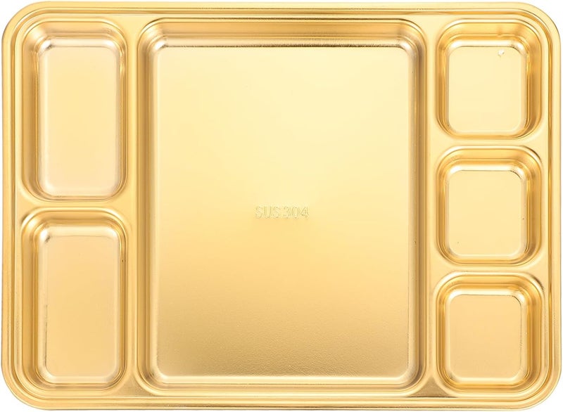 Cabilock طبق مقسم من الفولاذ المقاوم للصدأ من كابيلوك 6 أقسام صينية تقديم الطعام صينية مستطيلة منزلية للخضار والفواكه للإفطار والعشاء والوجبات الخفيفة والحلويات ذهبية - Image 1