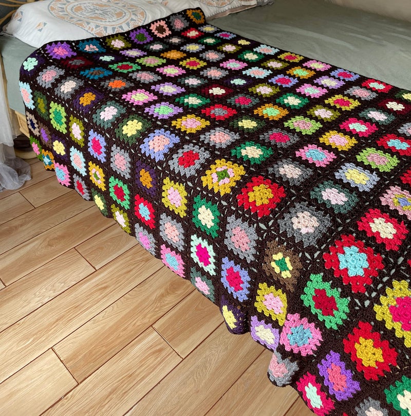 RISEON Handmade Granny Square Crochet Throw Blanket Sweater Style Mat Crochet Quilt Multicolor Boho Travel Accent Decor Throw for Sofa Comforter Couch Bed Recliner Living Room Bedroom Dark Brown