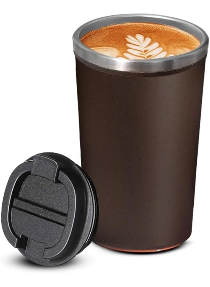 كوب قهوة للسفر، كوب قهوة من الفولاذ المقاوم للصدأ، كوب قهوة معزول بتفريغ الهواء الساخن والبارد بجدار مزدوج للاستخدام في المنزل والسفر والمكتب والأعمال الخارجية، 330 مل بني - Image 1