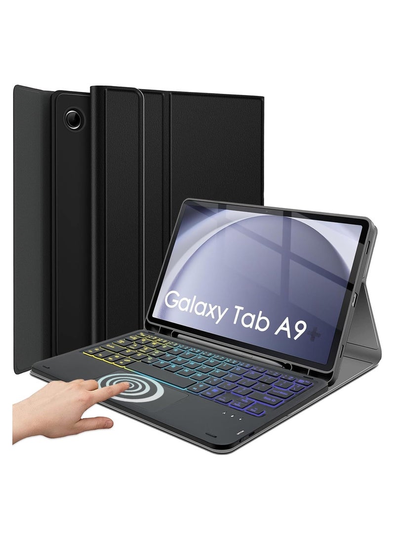 حافظة لمس مع لوحة مفاتيح لجهاز سامسونج جالكسي تاب A9 2023، باللغتين العربية والإنجليزية - لوحة تتبع متعددة اللمس - حامل قلم لاسلكي قابل للفصل - حافظة لوحة مفاتيح لجهاز سامسونج تاب A9 مقاس 8.7 بوصة، أسود