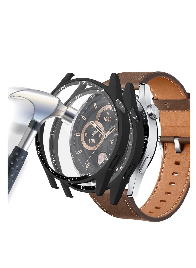 2 Pack Ultra Thin Black Case with 9H Tempered Glass Screen Protector for Huawei Watch GT3 46mm 360 Degree Protection - Image 1