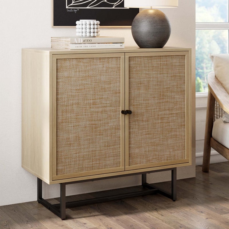 Nathan James Nathan James Kova Accent Sideboard Storage Cabinet in Light Wood and Rattan with Metal Frame Adjustable Shelves and Cane Doors for Hallway or Living Room Light OakCaneBlack