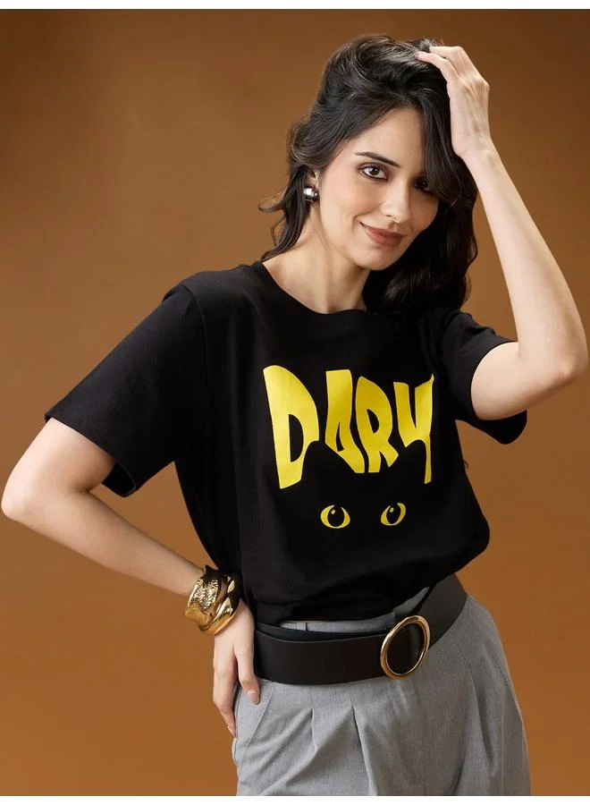 globus Globus Women Black Graphic Print Round Neck Short Sleeves Cotton Boxy T-Shirt