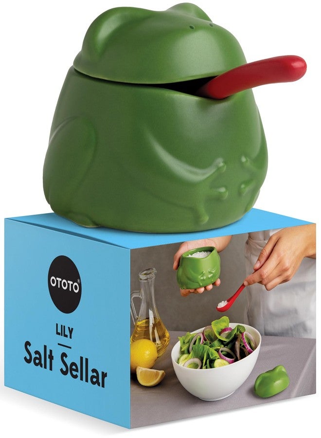 OTOTO NEW Lily Salt Cellar with Lid and Spoon - 6 oz Frog Salt Containers for Countertop, Ceramic Salt Holder with Lid for Sugar, Frog Stuff, White Elephant Gifts, Cute Gifts Accessories - Green - Image 1