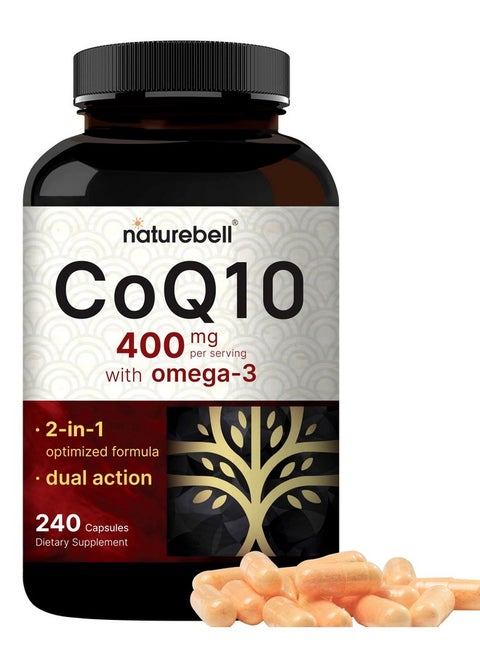NatureBell CoQ10 400mg with Omega 3 Fatty Acids, 240 Capsules | Stable High Absorption Form - Antioxidant Support for Heart & Energy Health - Extra Strength Coenzyme Q10 Supplement