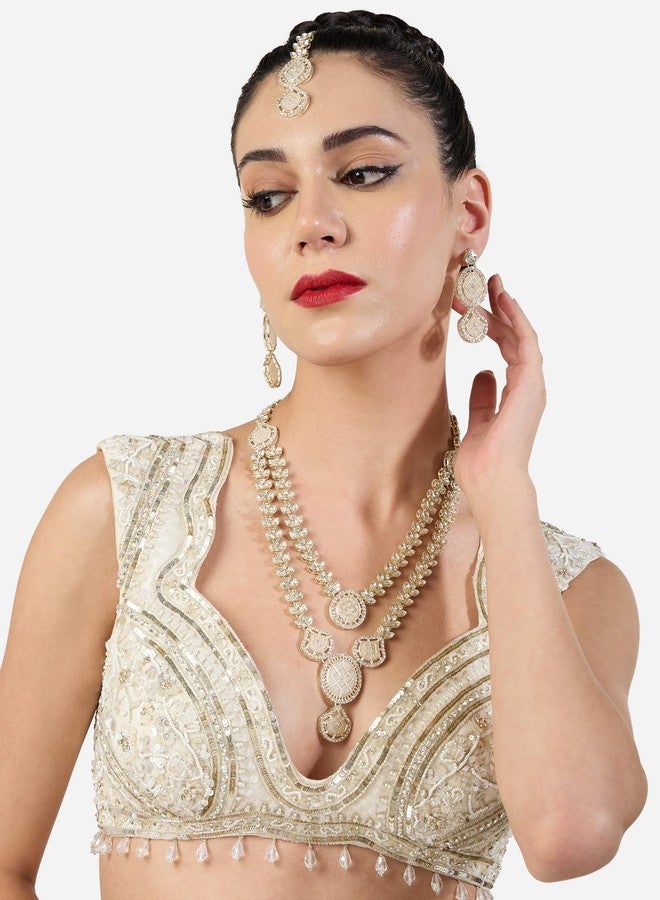 Ami Gold Tone Dazzling Stones Layered Necklace Earring and Maangtikka Set For Women-ZPFK21495 - Image 2