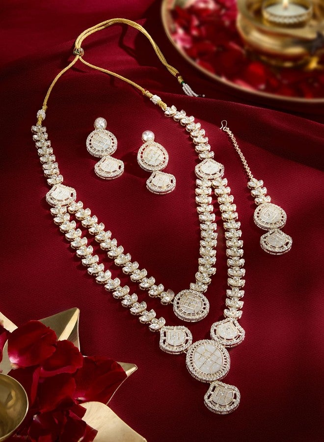 Ami Gold Tone Dazzling Stones Layered Necklace Earring and Maangtikka Set For Women-ZPFK21495 - Image 3