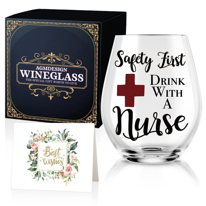 SAFETY FIRST DRINK WITH A NURSE WINE GLASS WITH GIFT BOX FUNNY NURSE GIFTS FOR NURSES DOCTOR DENTIST NURSING STUDENT PHYSICIAN PRACTITIONER COWORKER NURSES DAY NURSE GRADUATION GIFTS