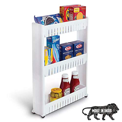 MEZON Multipurpose Slim Slide Plastic Storage Rack Holder Organizer Shelf With Moving Wheels Trolley 2/3/4 Layers Detachable Kitchen Bathroom Bedroom White (3 Tier) - Image 1